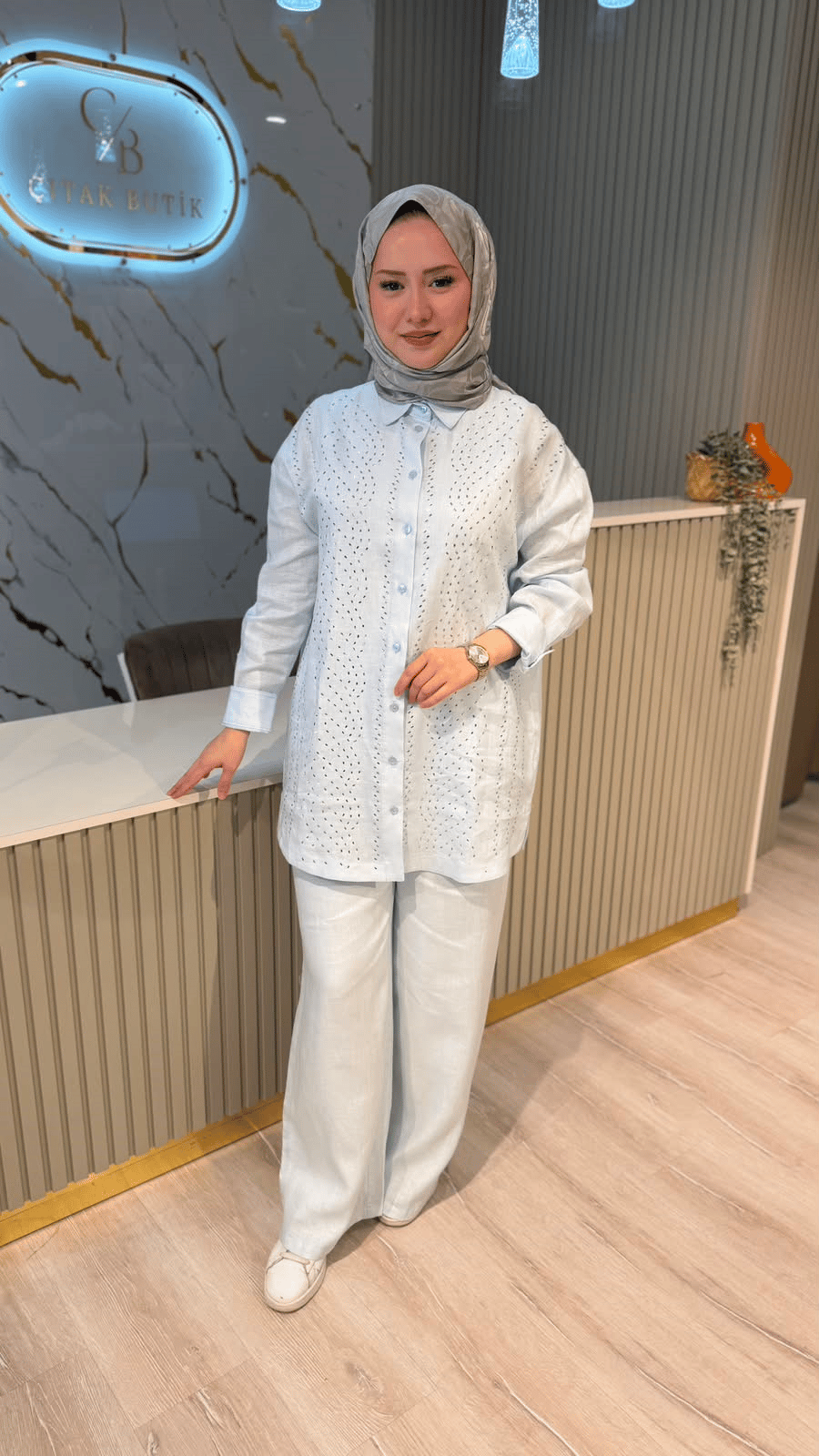 GHİSA 9375 TAŞ DETAY KETEN TAKIM-MAVİ