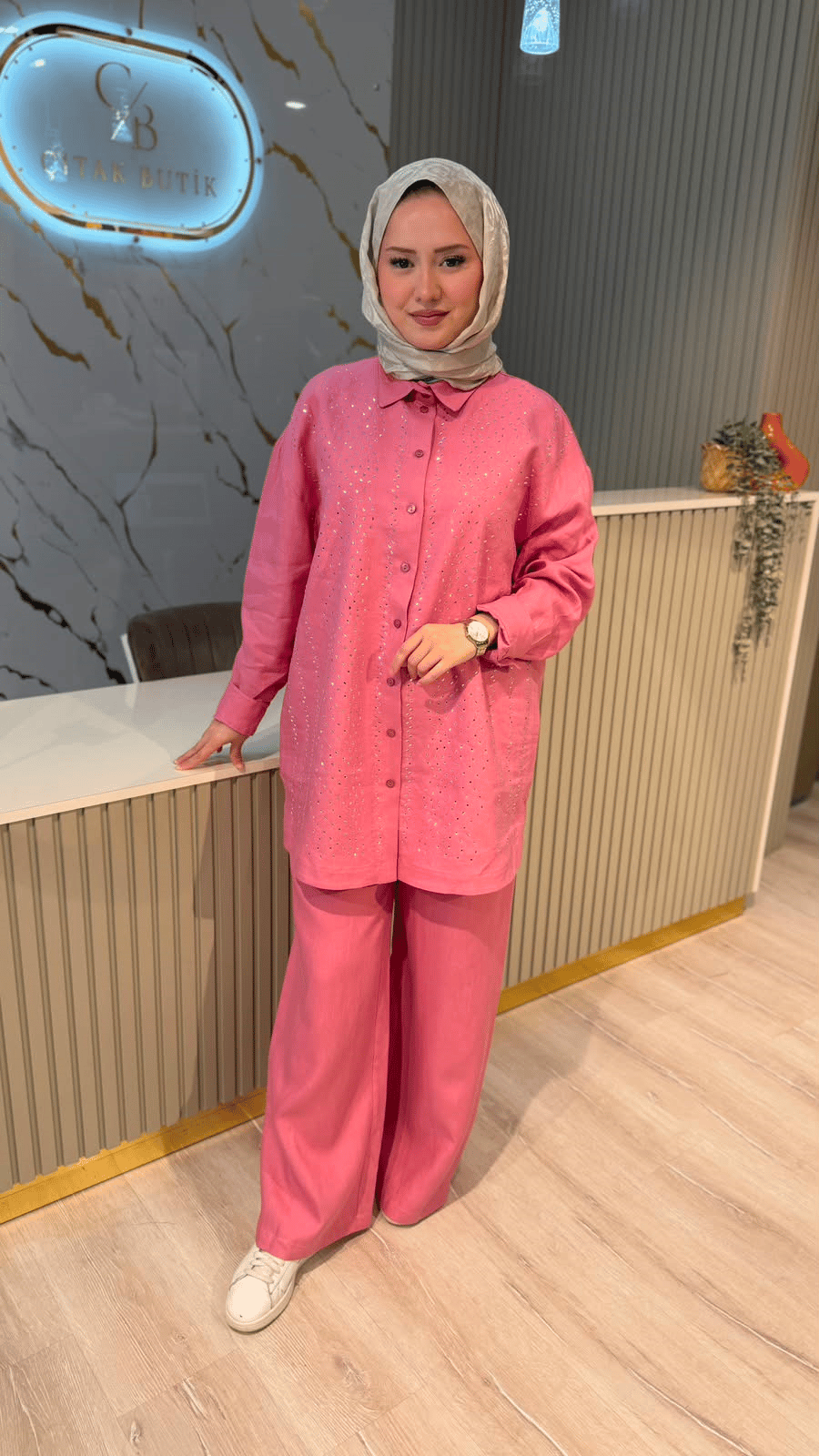 GHİSA 9375 TAŞ DETAY KETEN TAKIM-PEMBE