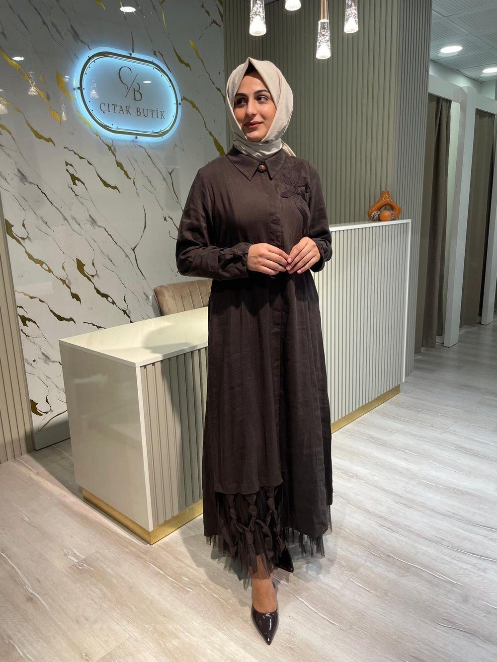 LİSSMORE 5539 TÜL DETAY ELBİSE-KAHVE