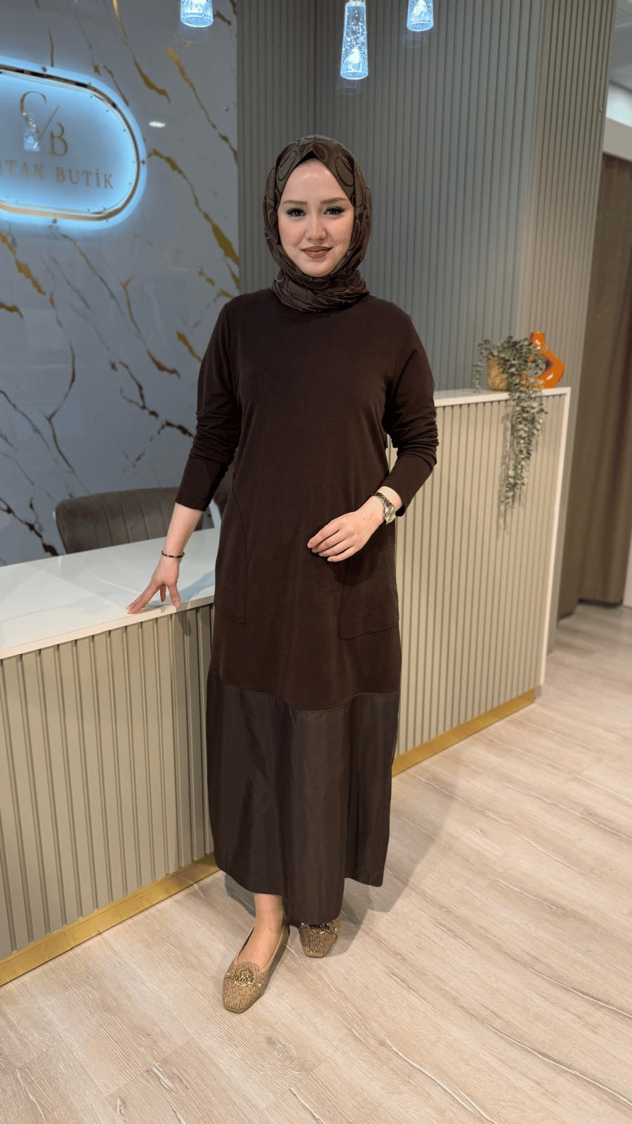 NÇ 26127 PARAŞÜT DETAY ELBİSE- KAHVE