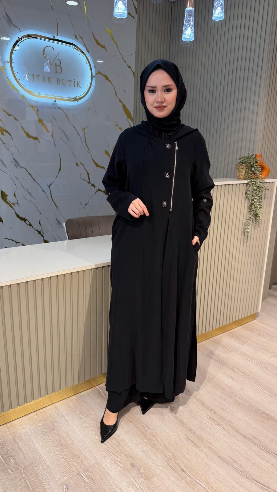 NÇ 26468 DÜĞME DETAY UZUN PANTOLONLU TAKIM-SİYAH