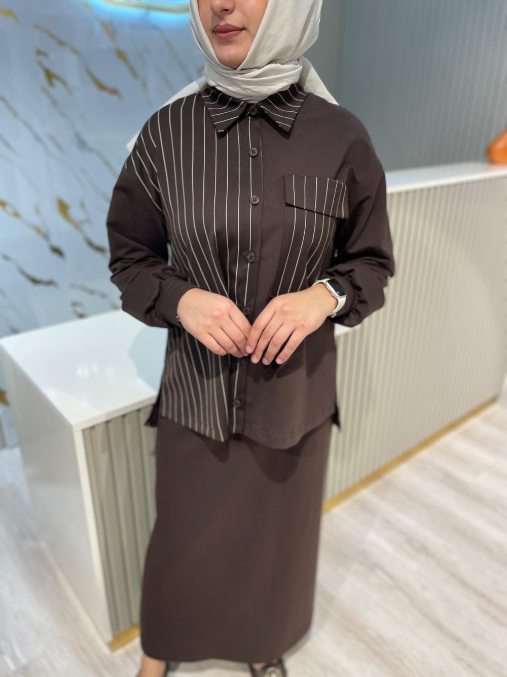 NURCAN ÇETİN 25566 ÇİZGİ DETAY ETEKLİ TAKIM-KAHVE