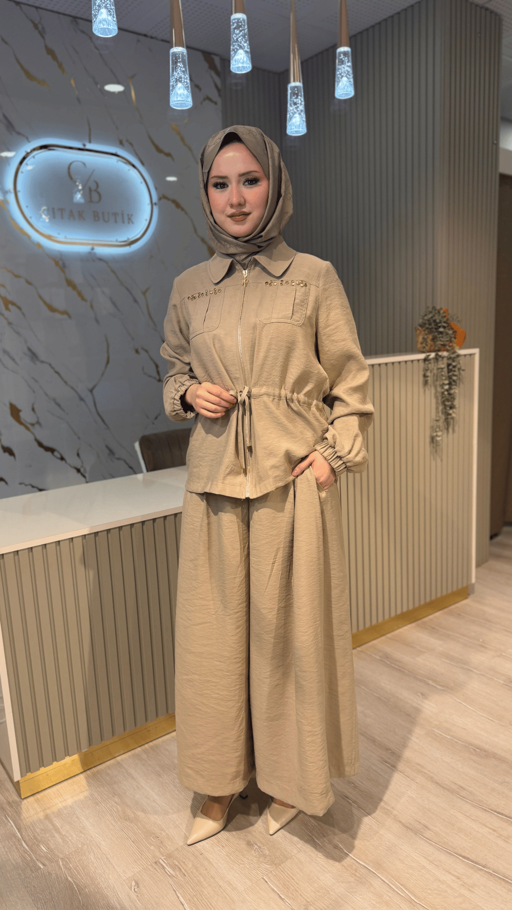 NUSS 1049 PANTALON ETEKLİ TAKIM-BEJ