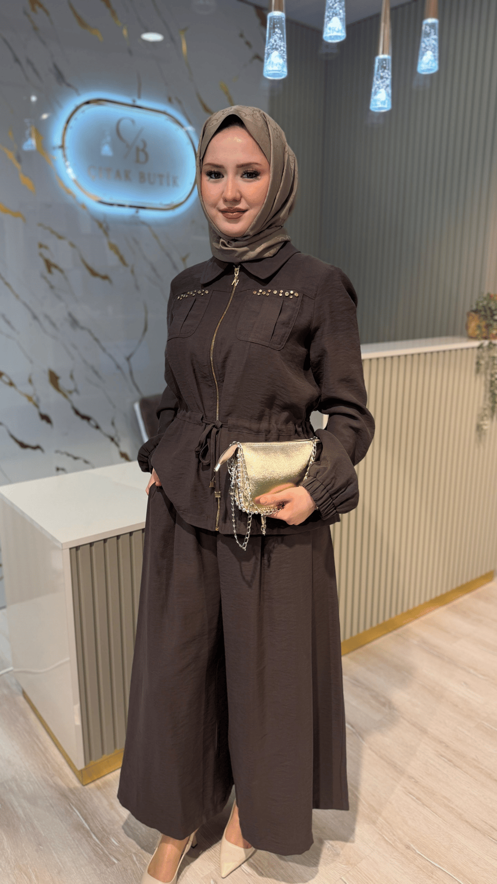 NUSS 1049 PANTALON ETEKLİ TAKIM-KAHVE