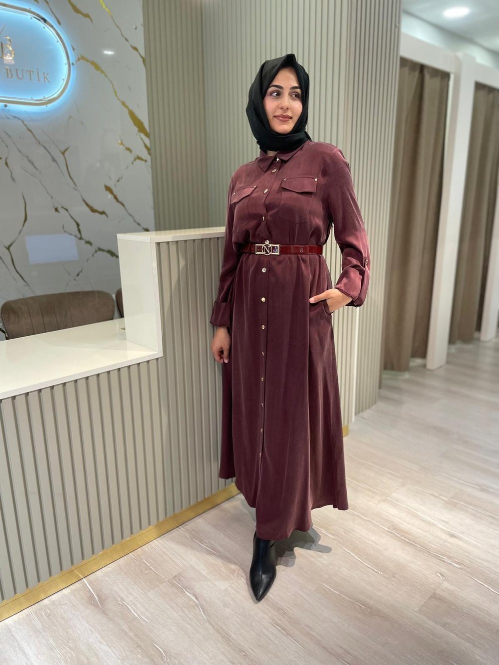 NUSS 2002 BOYDAN DÜĞMELİ ELBİSE-BORDO