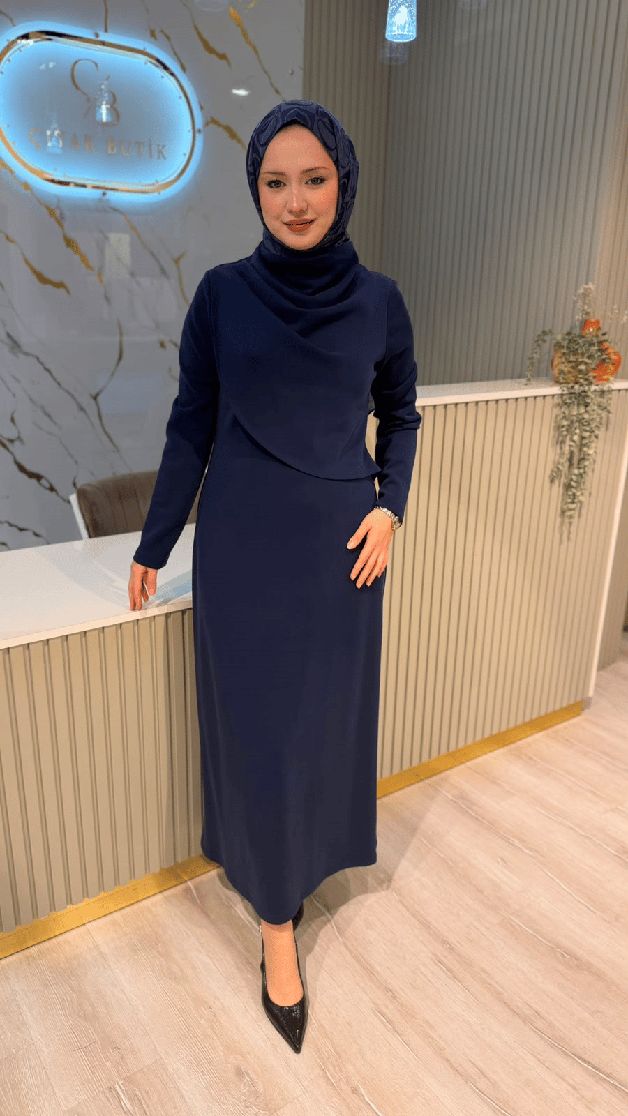 NUSS 2044 DEGAJE YAKA ELBİSE - LACİVERT