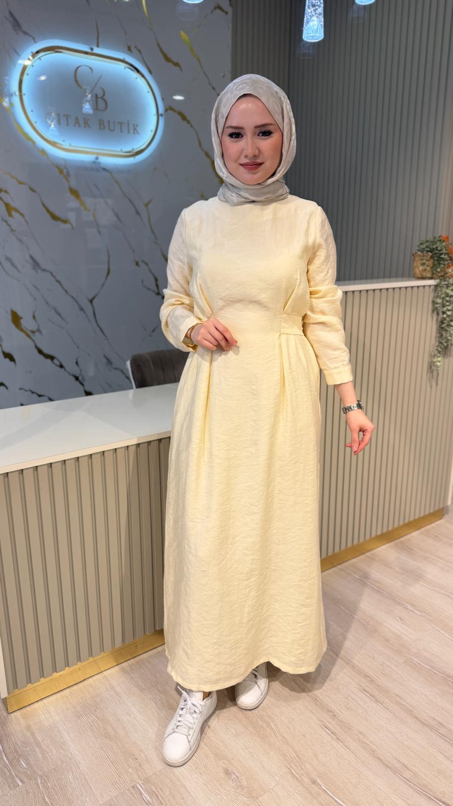 NUSS 2049 KUŞAK DETAYLI ELBİSE - EKRU