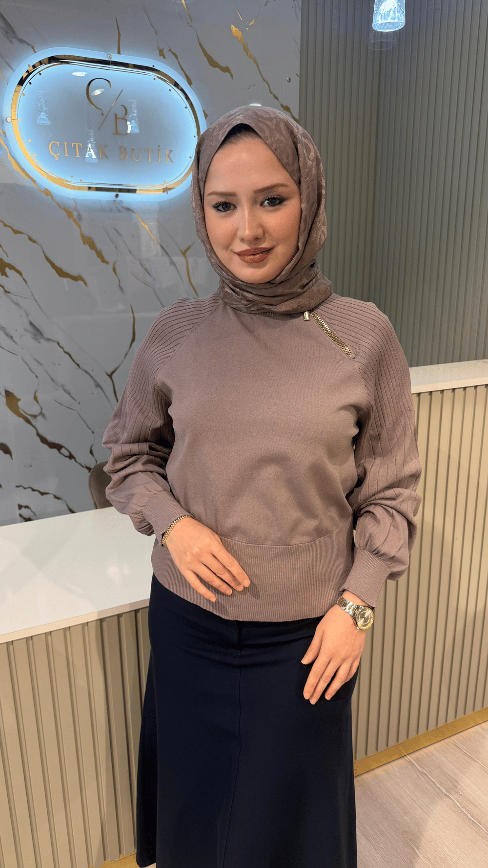 NUSS 205 FERMUAR DETAYLI BLUZ - VİZON