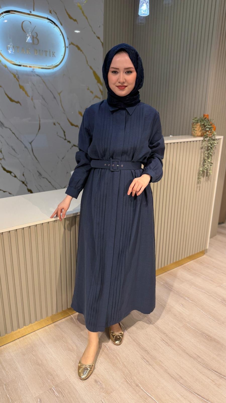 NUSS 2050 PİLE DETAY ELBİSE- İNDİGO