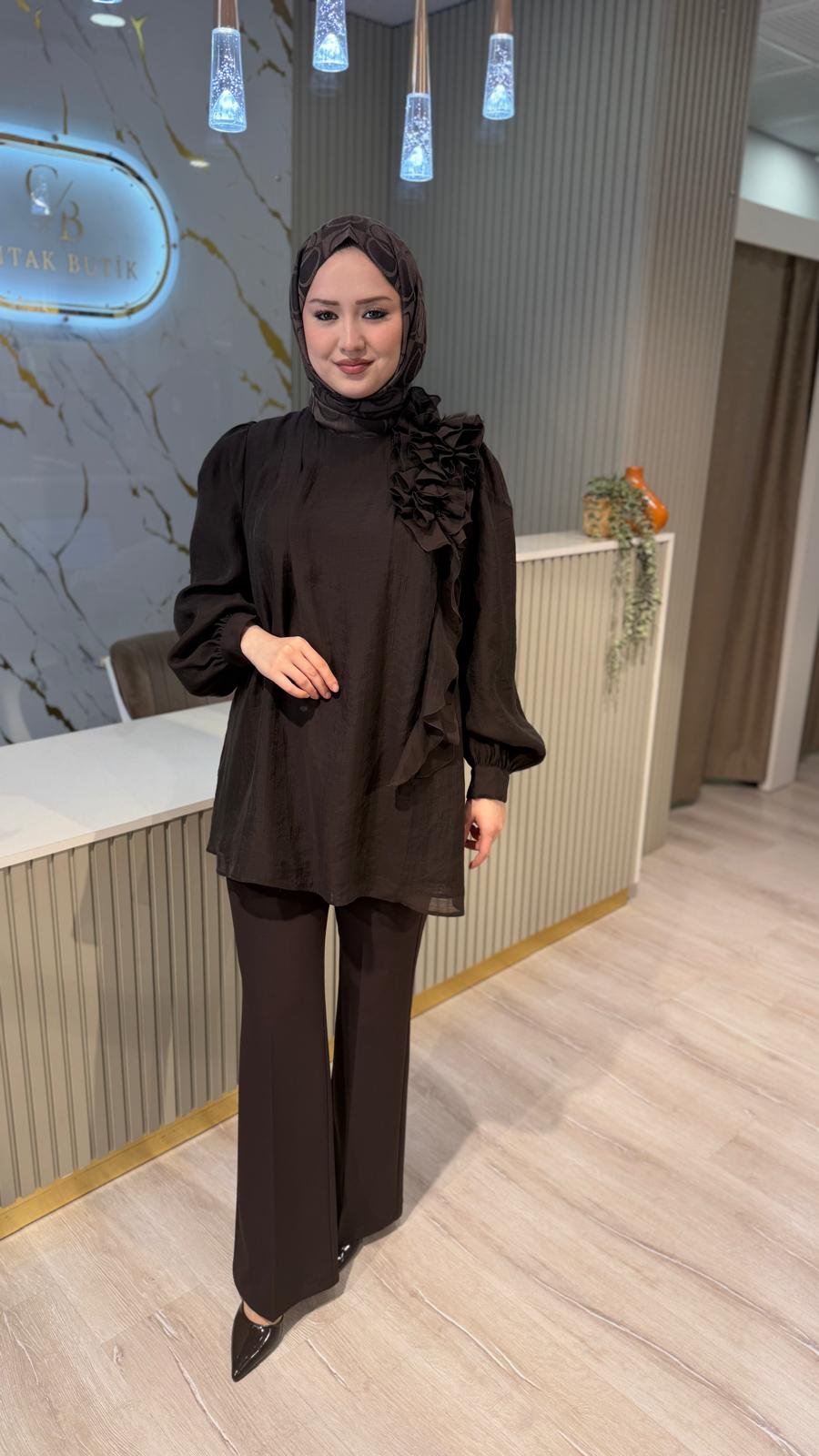 NUSS 3011 YAKA FIRFIR DETAY GÖMLEK - KAHVE