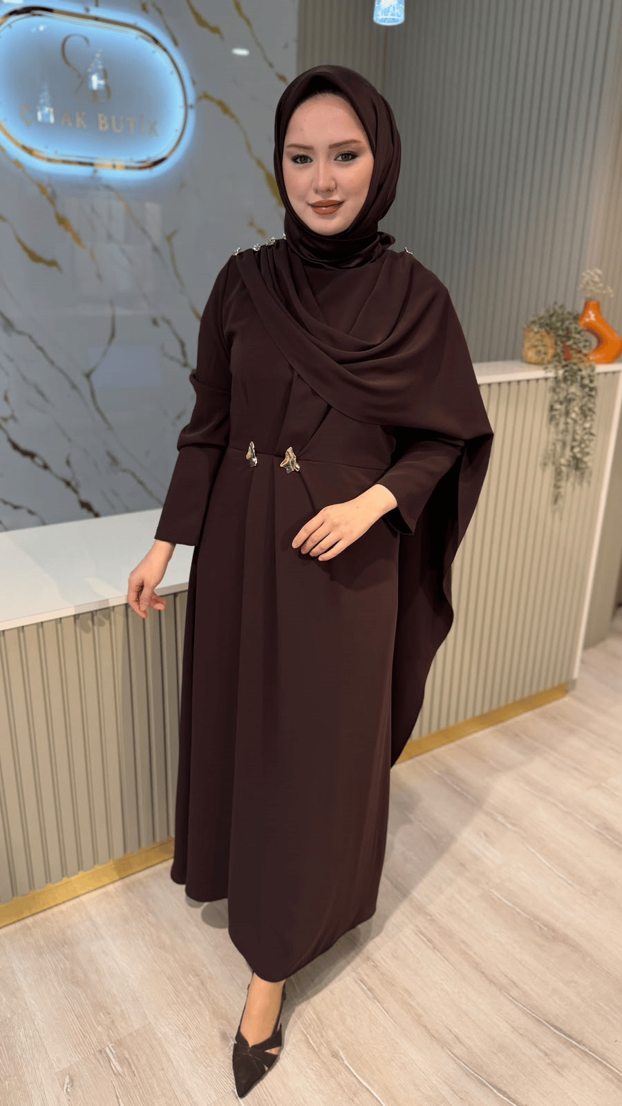 OTTO 01503 ŞAL YAKA ELBİSE - KAHVE