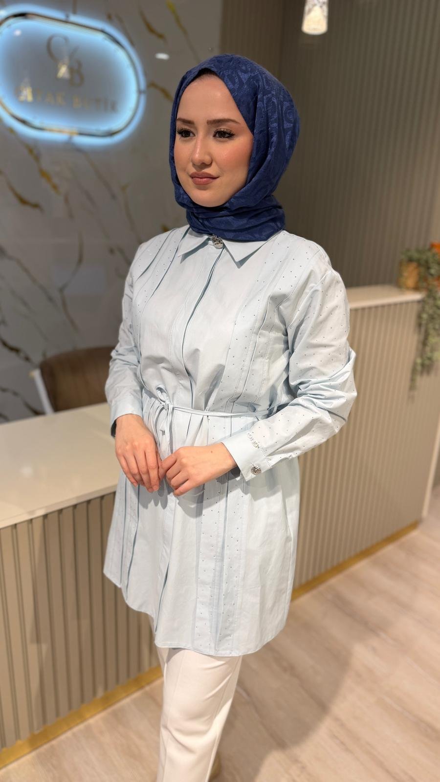 OTTO 3421 TAŞ DETAY BELDEN BAĞLAMALI GÖMLEK - MAVİ