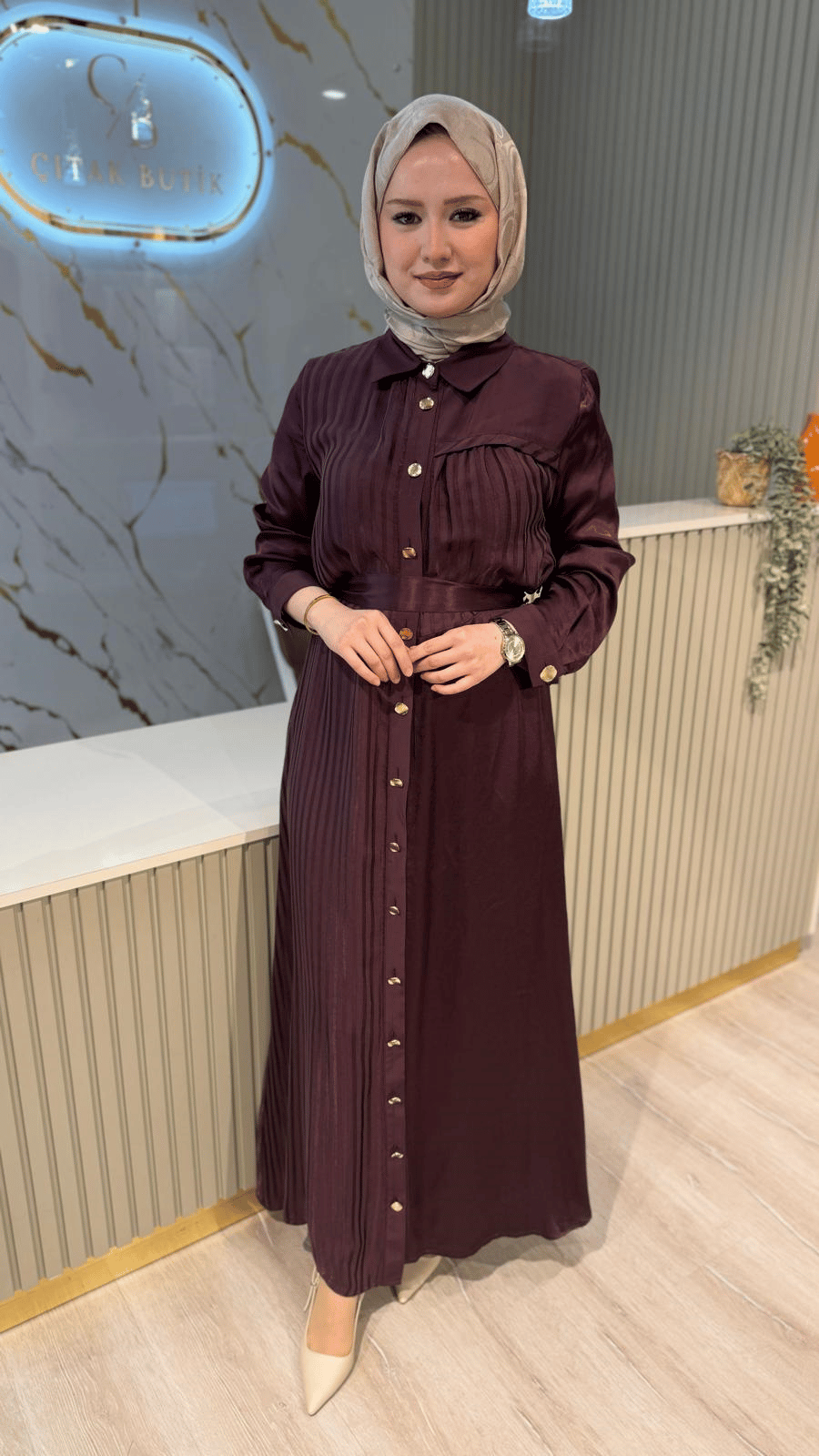 OTTO 5420 ÇİZGİ DESENLİ JAKAR ELBİSE - BORDO
