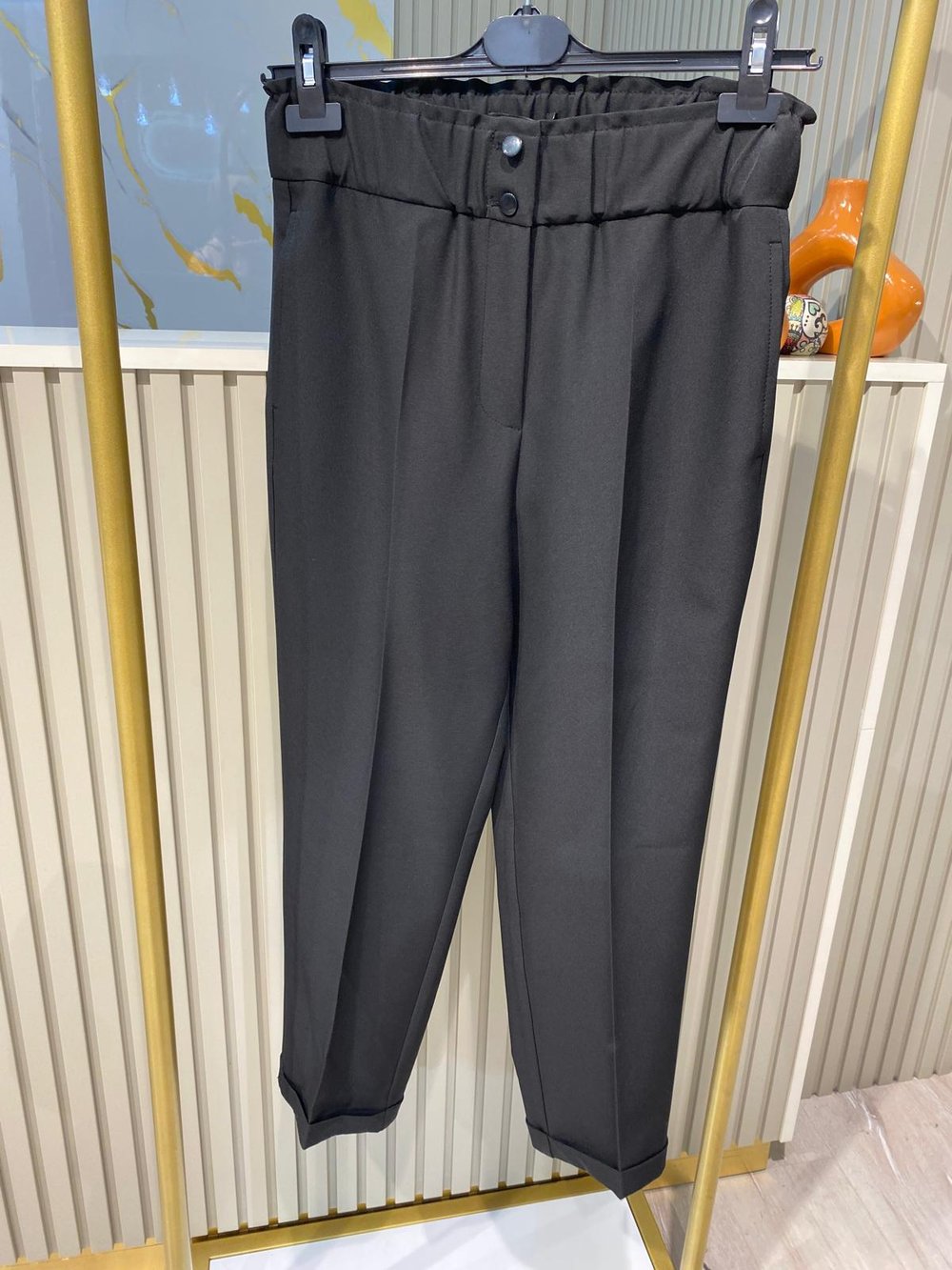 SENTEZ-BELİ LASTİKLİ İNCE DUBLE PAÇA PANTOLON-SİYAH