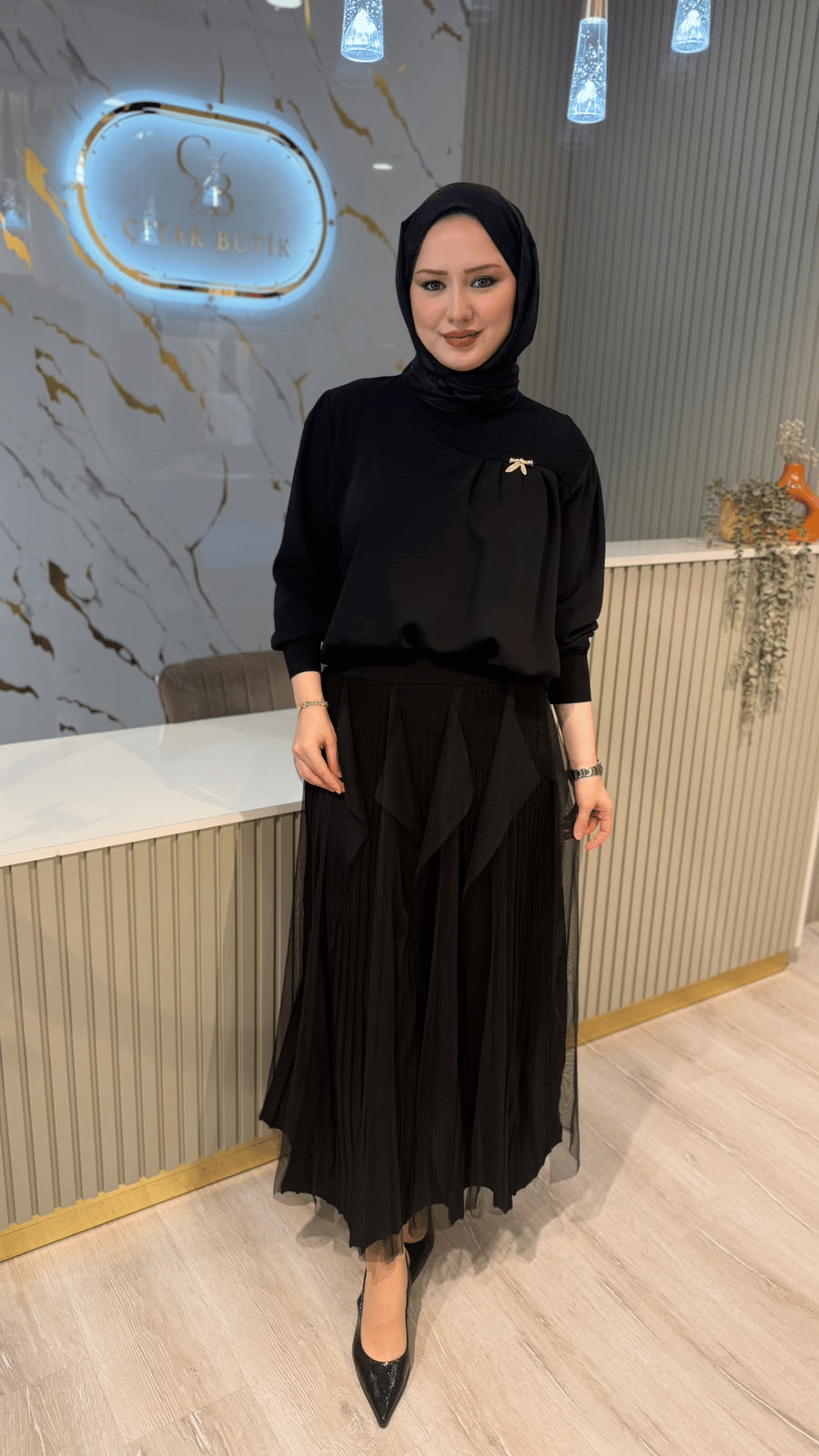 TIĞ TRİKO 21979 TÜL DETAYLI RAVON ETEK - SİYAH