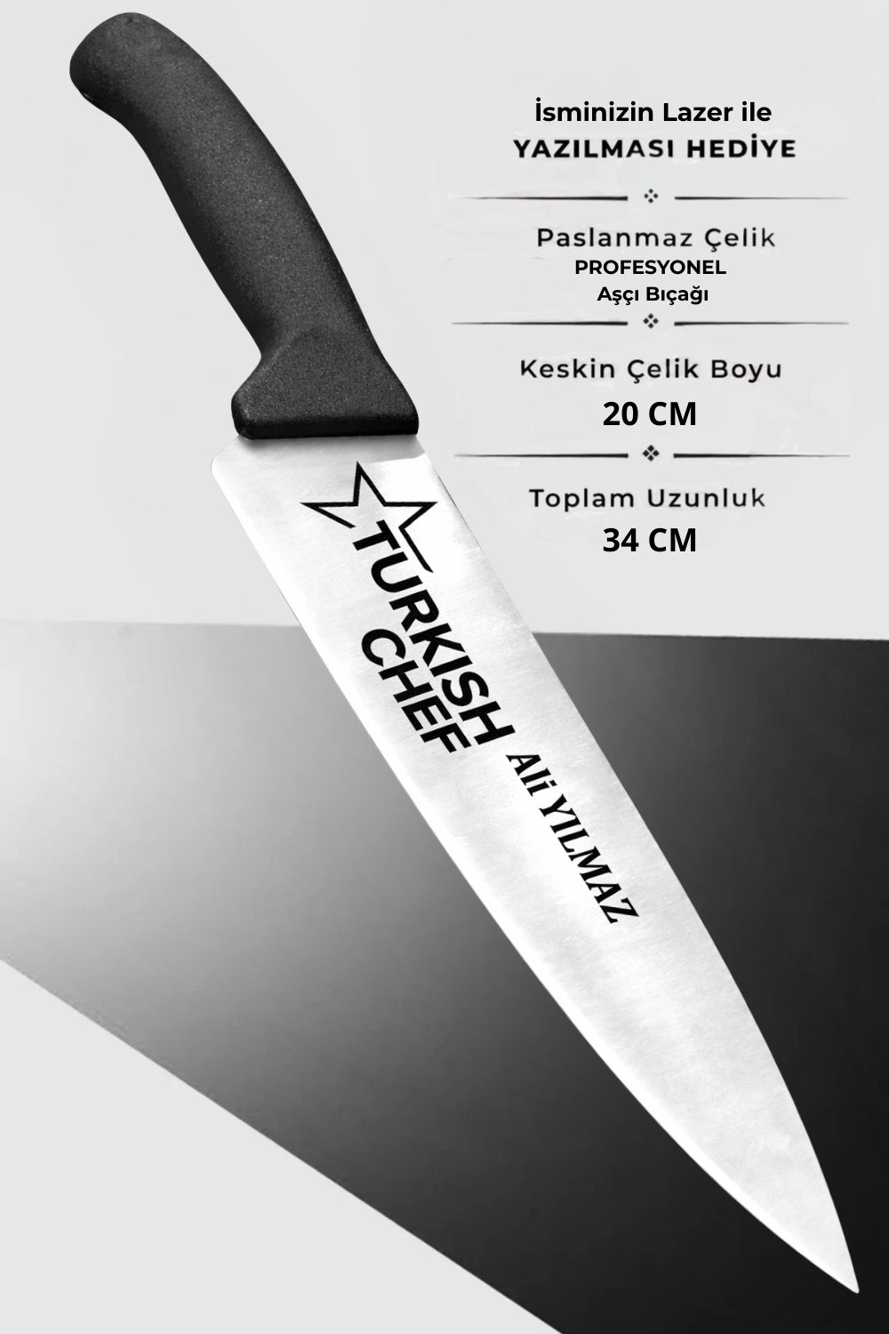 40750 Turkısh Chef Yazılı Şef Aşçı Bıçağı (20 Cm) İsminizin Lazerle İşlenmesi Ücretsiz