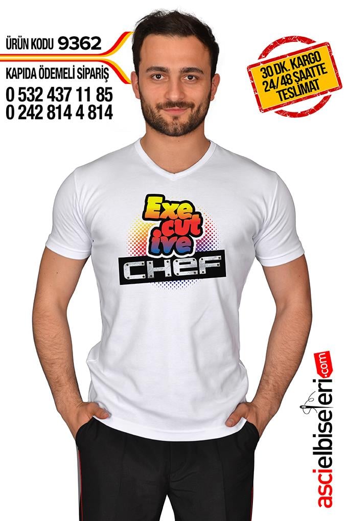 9362 Aşçı Tişörtü Beyaz Özel Tasarım Executıve Chef