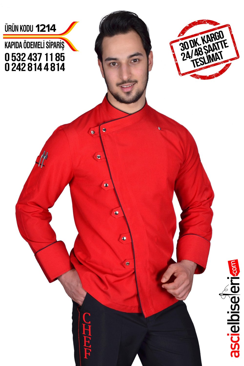 De1214 Kırmızı Şef Aşçı Ceketi