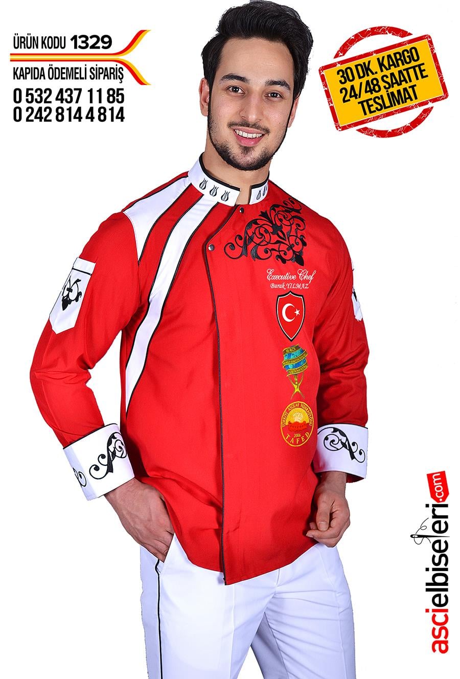 De1329 Kırmızı Modern Şef Aşçı Ceketi