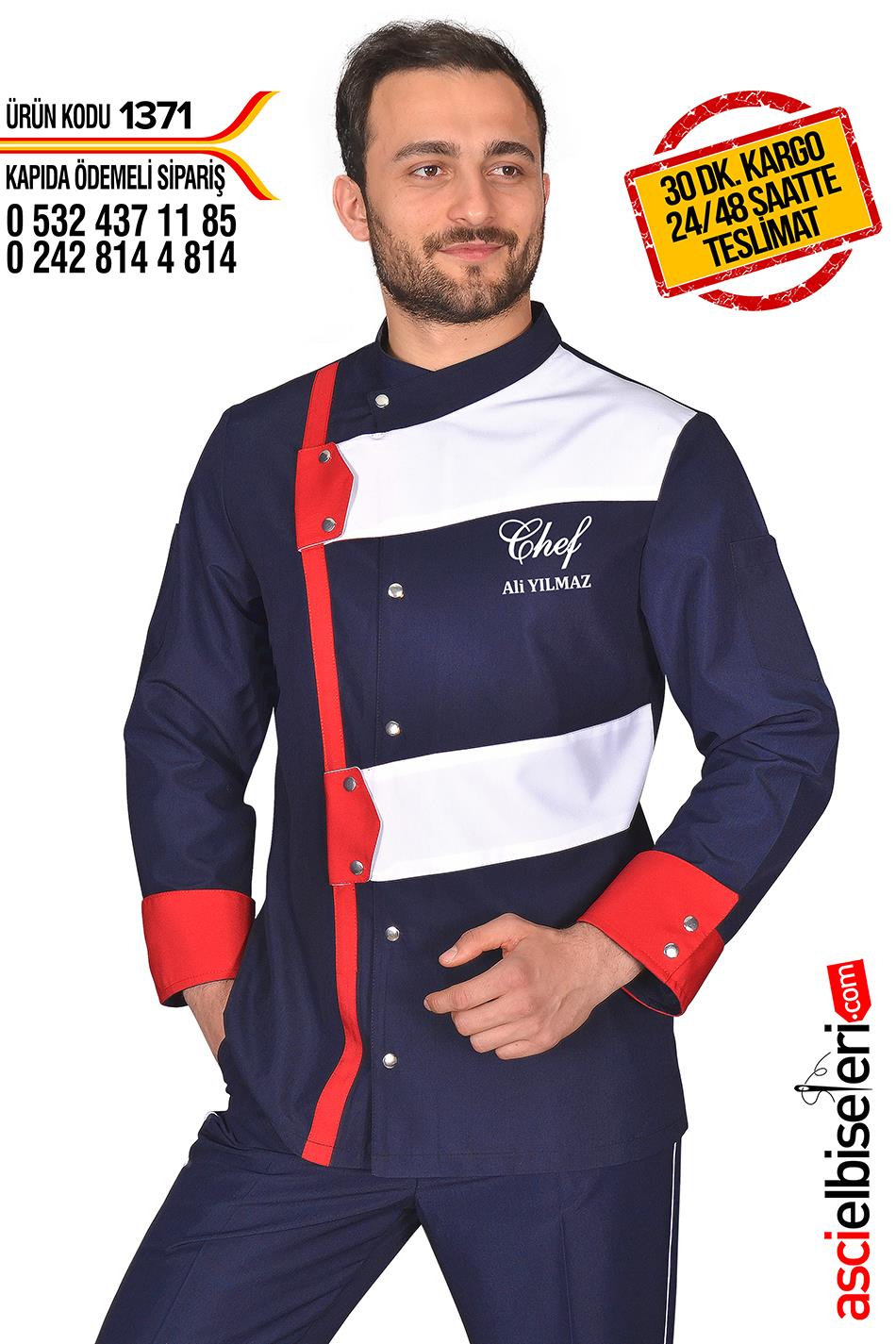 De1371  Stil Lacivert Profesyonel Şef Aşçı Ceketi