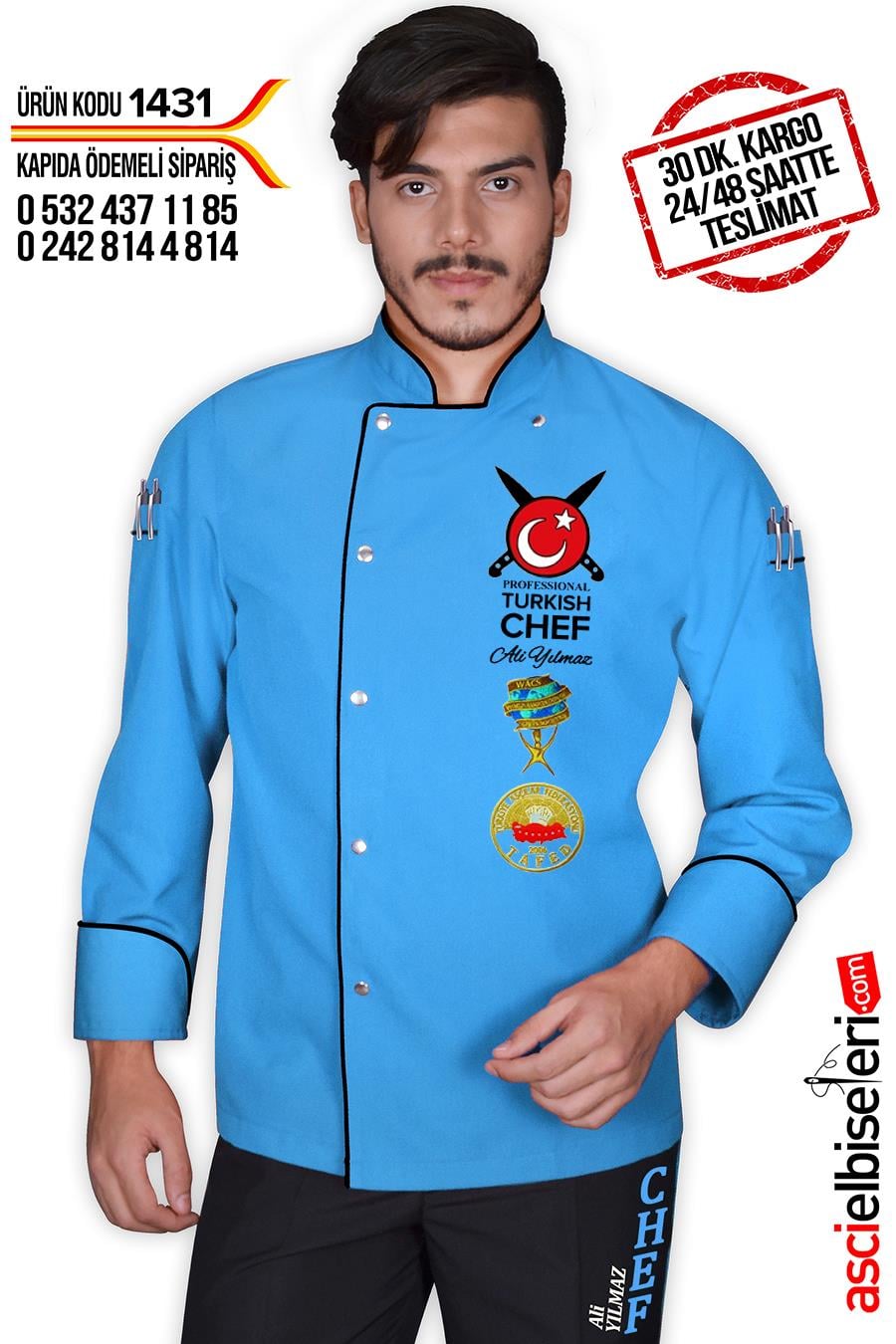 De1431 Pro Turkısh Chef Aşçı Ceketi Turkuaz
