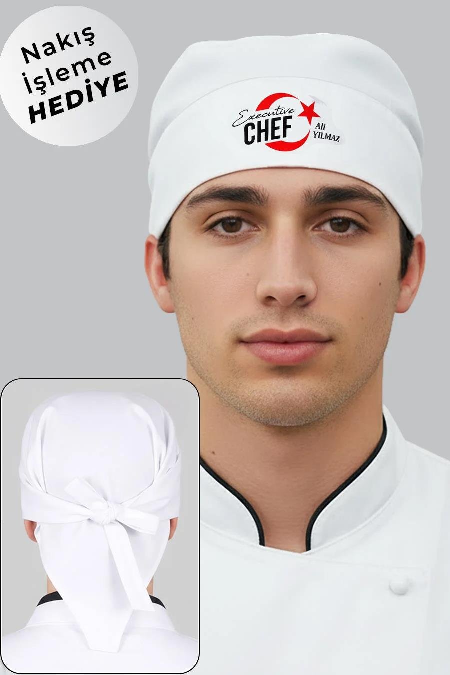 İsim Hediyeli Ay Yıldız Ve Executıve Chef Nakışlı Aşçı Bandanası Beyaz
