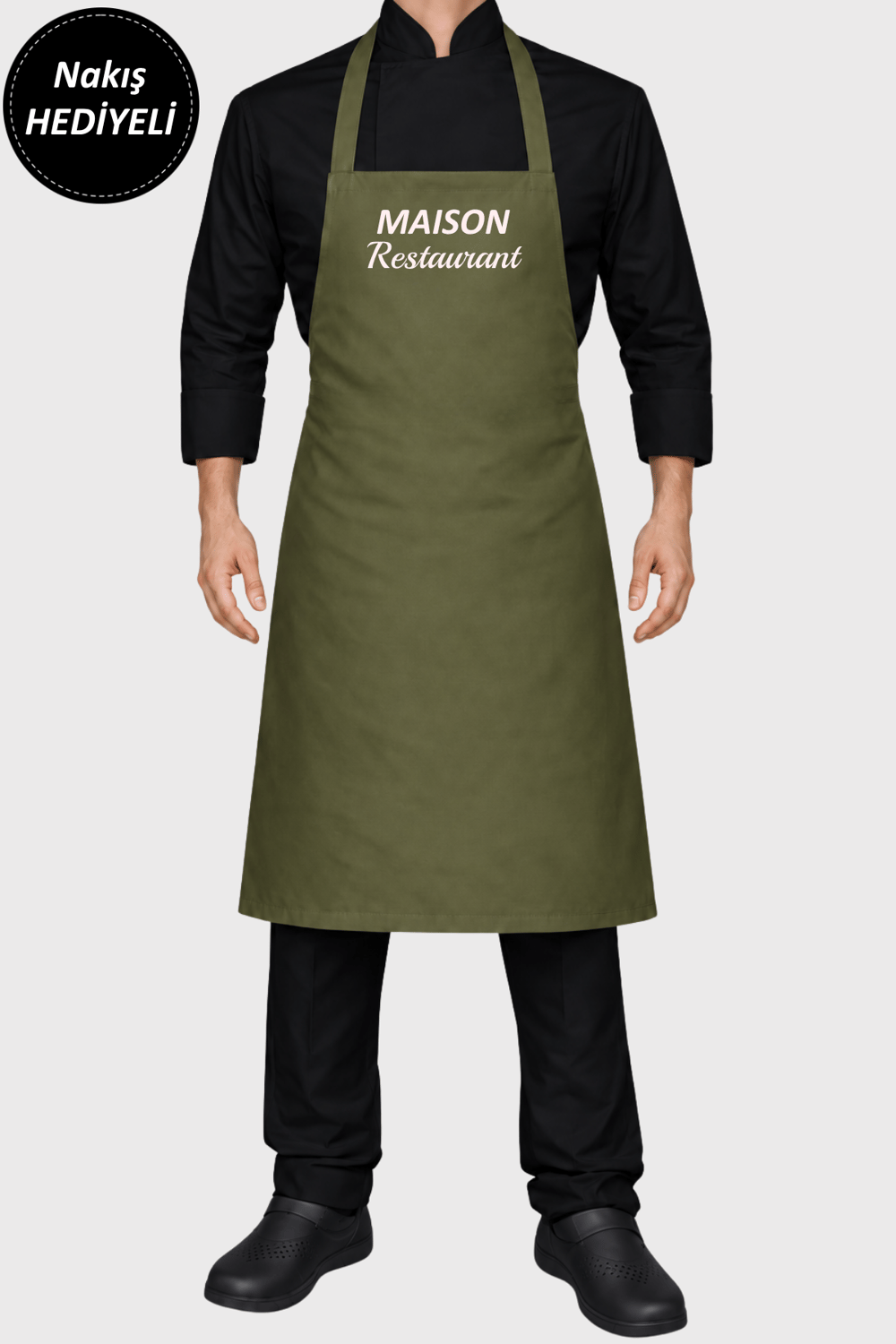 İsim Hediyeli Haki Barista Önlüğü, Aşçı Önlüğü, Mutfak Önlüğü, Garson Önlüğü, Boyundan Askılı Önlük 