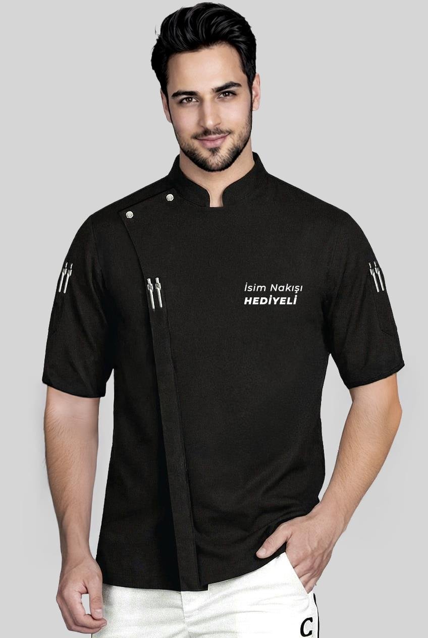 İsim Hediyeli Kısa Kollu Prestij Chef Profesyonel Aşçı Ceketi Siyah