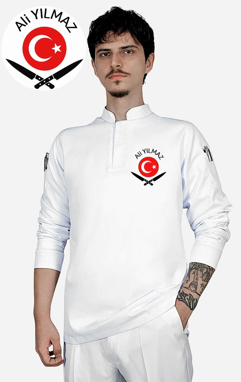 İsim Hediyeli Türk Bayrağı ve Bıçak Nakışlı Beyaz Aşçı Ceketi Şef Ceketi Aşçı Kıyafetleri Aşçı Forma