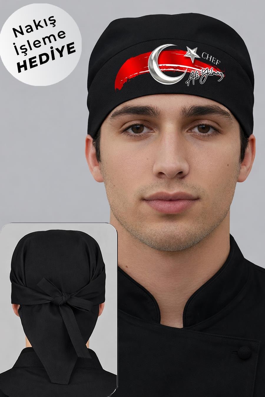 İsim Hediyeli Türk Bayrağı Ve Chef Yazılı Baskılı Bandana Modeli Siyah