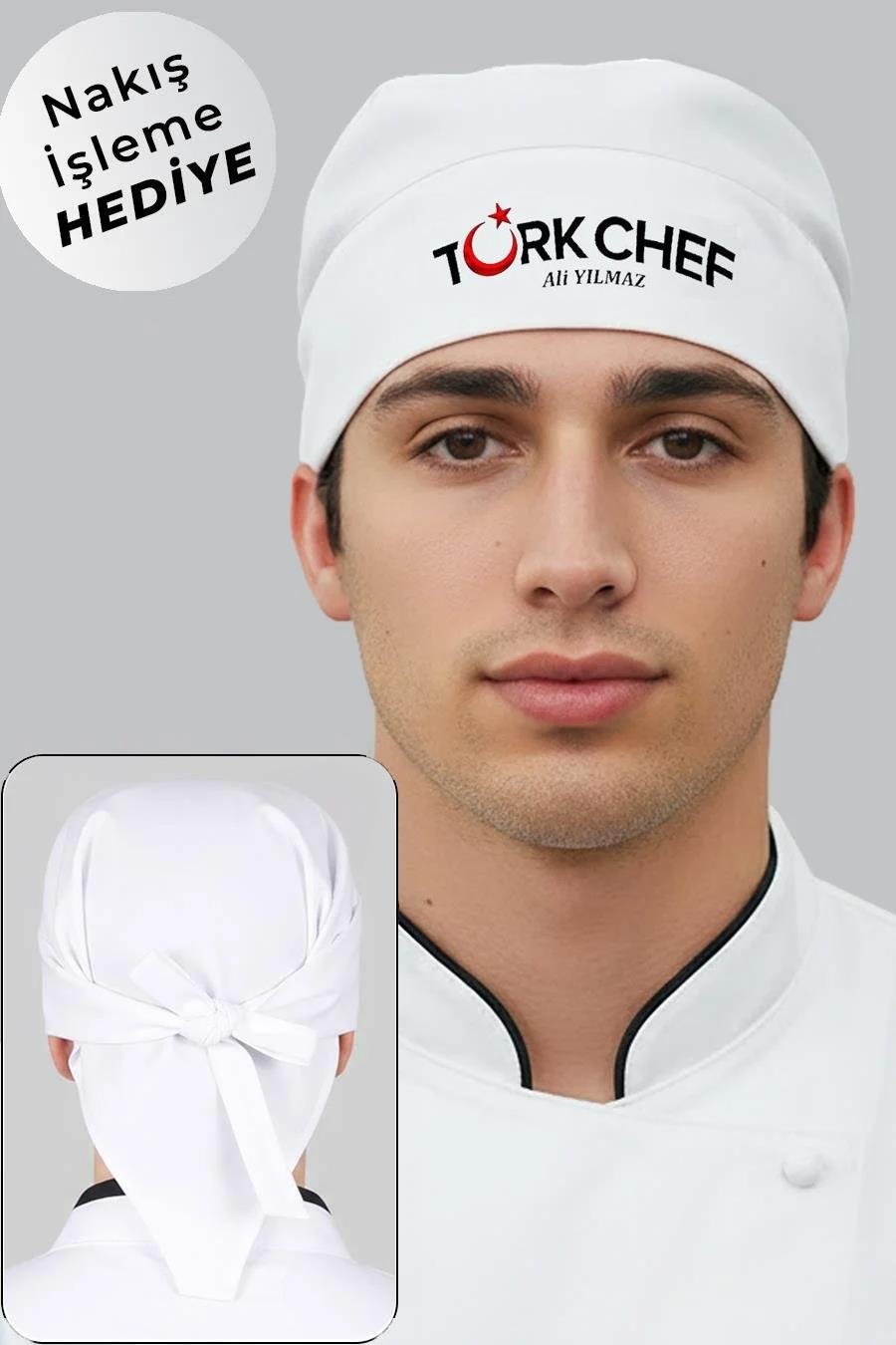 İsim Hediyeli Türk Chef Nakışlı Şef Aşçı Bandana Modelleri  Beyaz