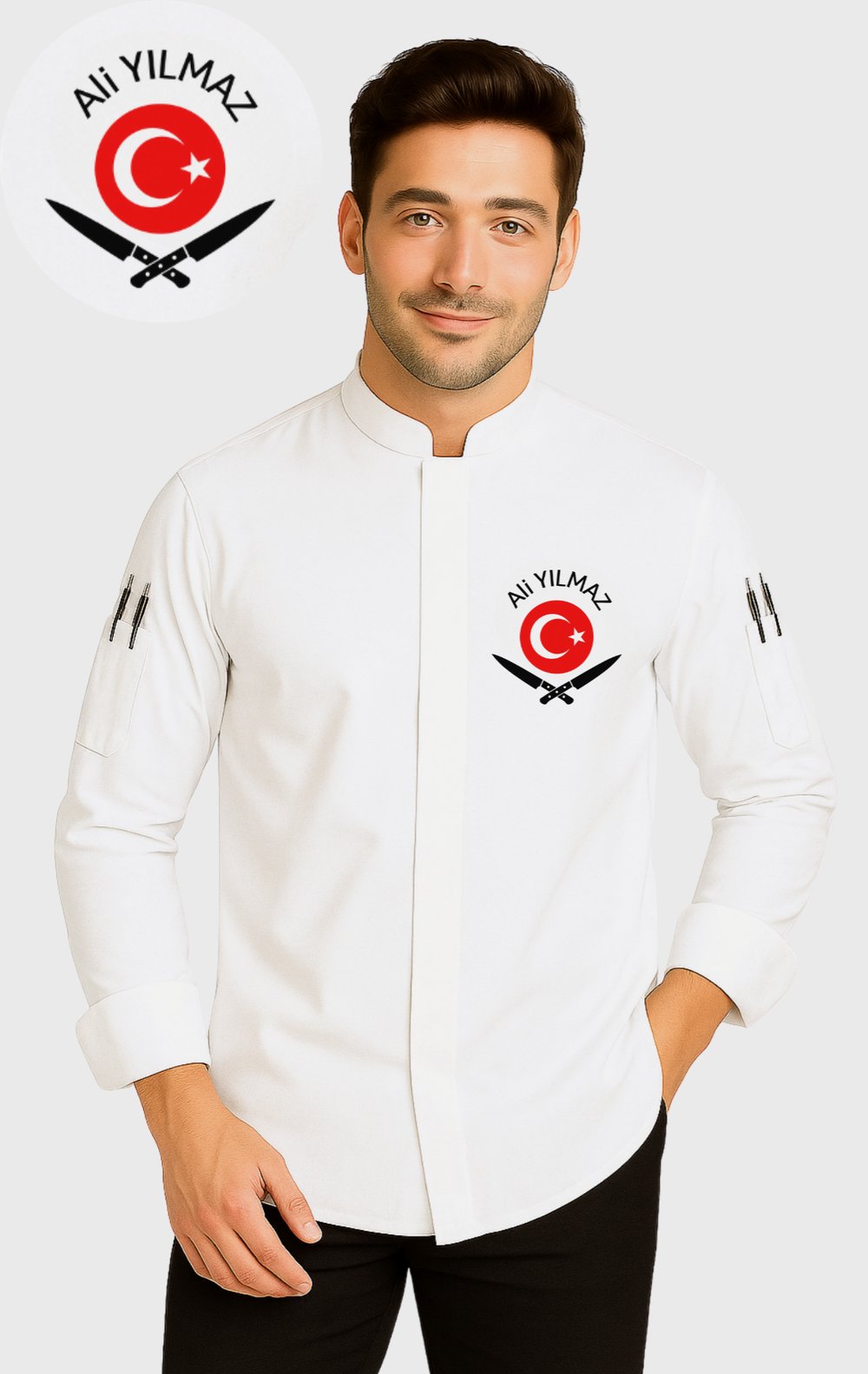 İsim Türk Bayrağı ve Bıçak Nakışı Hediyeli Beyaz Uzun Kollu Kişiye Özel Aşçı Ceketi Şef Ceketi