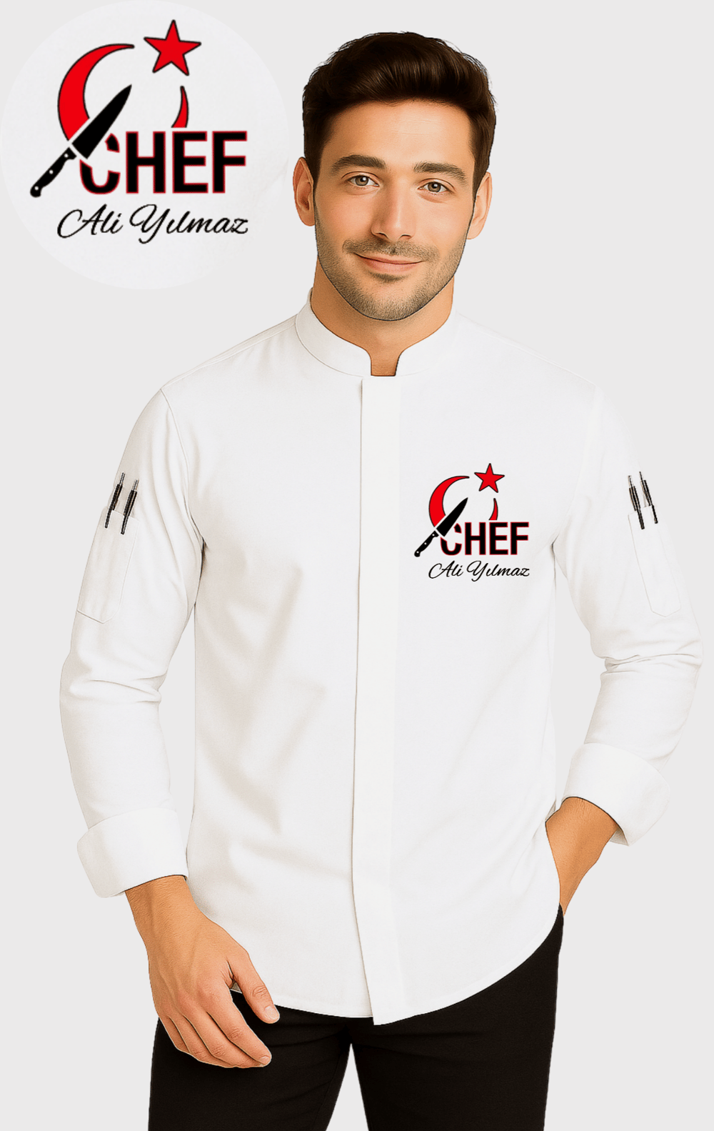 İsim ve Chef Ay Yıldız Tasarım Hediyeli Aşçı Ceketi Şef Ceketi Aşçı Forması Aşçı Gömleği Üniforma
