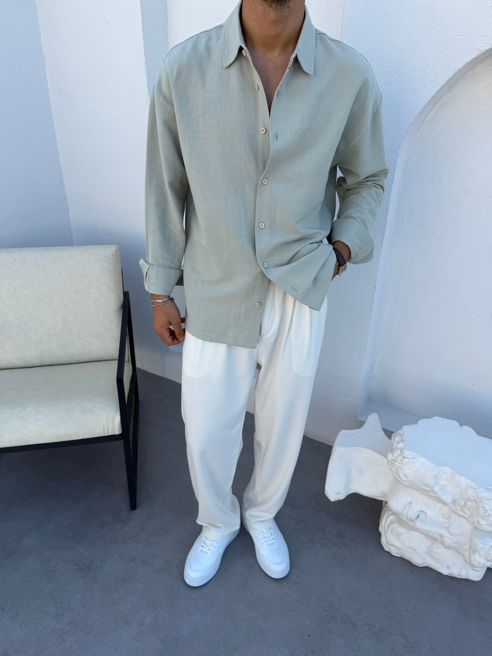%100 Keten Oversize Gömlek Yeşil