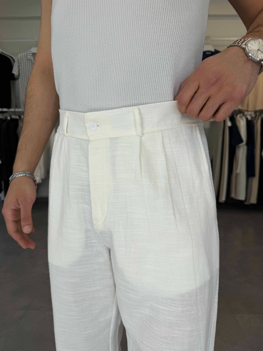 %100 Pamuk Baggy Keten Pantolon (Bel Lastikli) Beyaz