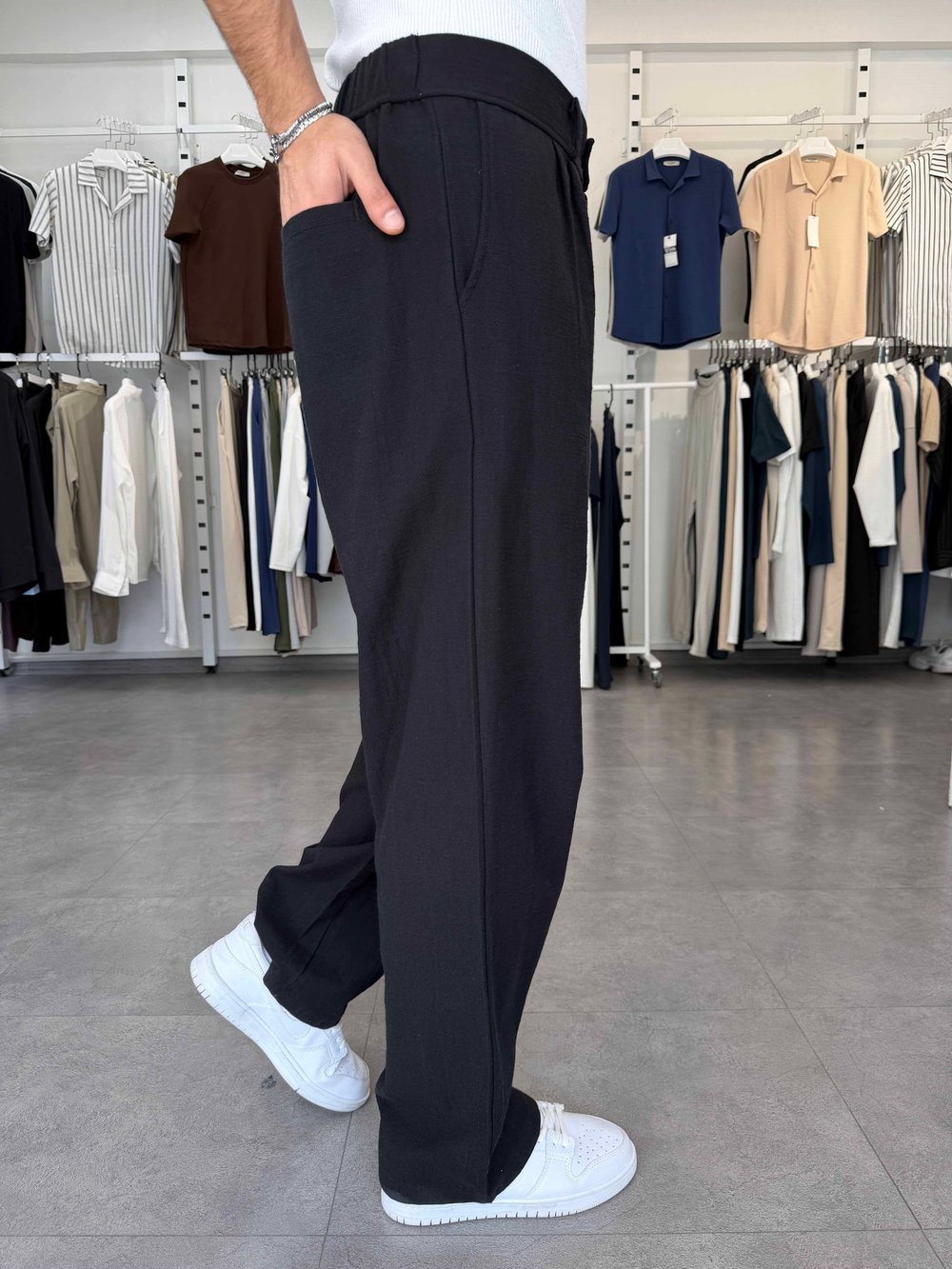 %100 Pamuk Baggy Keten Pantolon (Bel Lastikli) Siyah