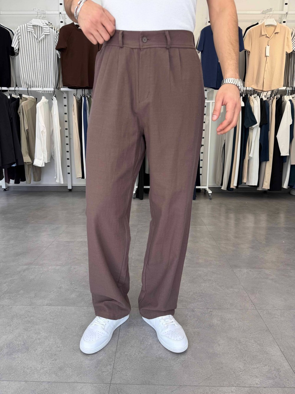 %100 Pamuk Baggy Keten Pantolon (Bel Lastikli) Acı Kahve