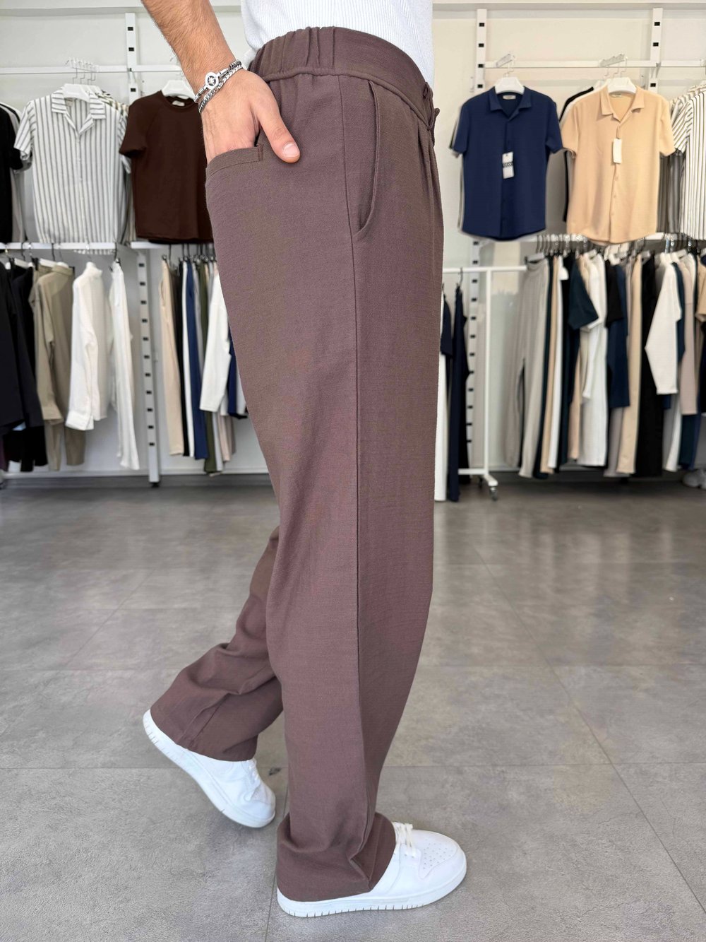 %100 Pamuk Baggy Keten Pantolon (Bel Lastikli) Acı Kahve