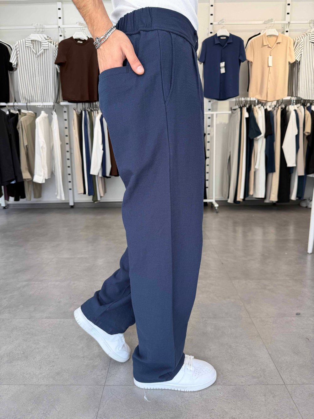 %100 Pamuk Baggy Keten Pantolon (Bel Lastikli) Lacivert
