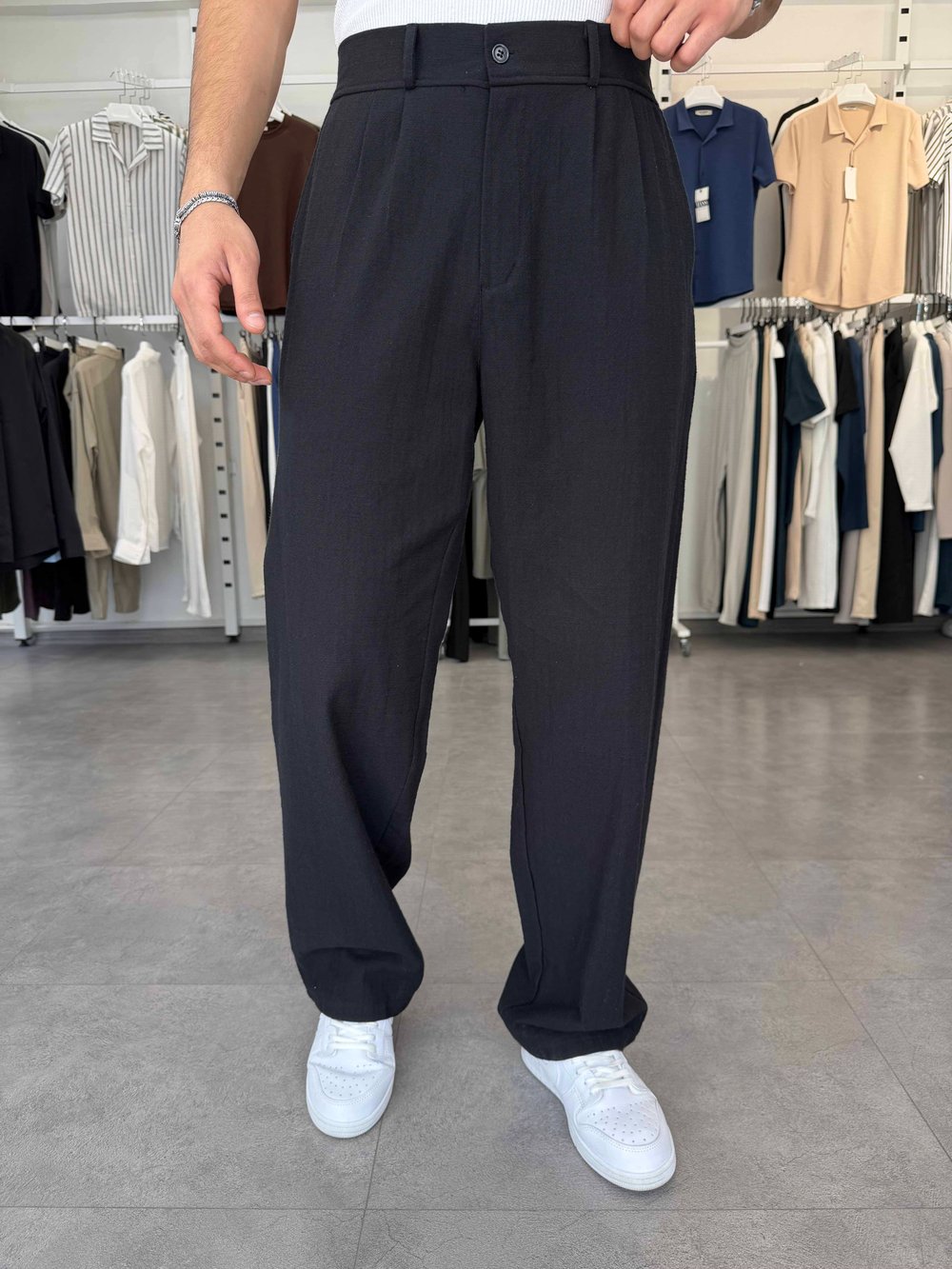 %100 Pamuk Baggy Keten Pantolon (Bel Lastikli) Siyah