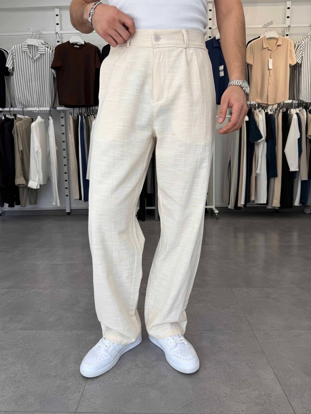 %100 Pamuk Baggy Keten Pantolon (Bel Lastikli) Bej