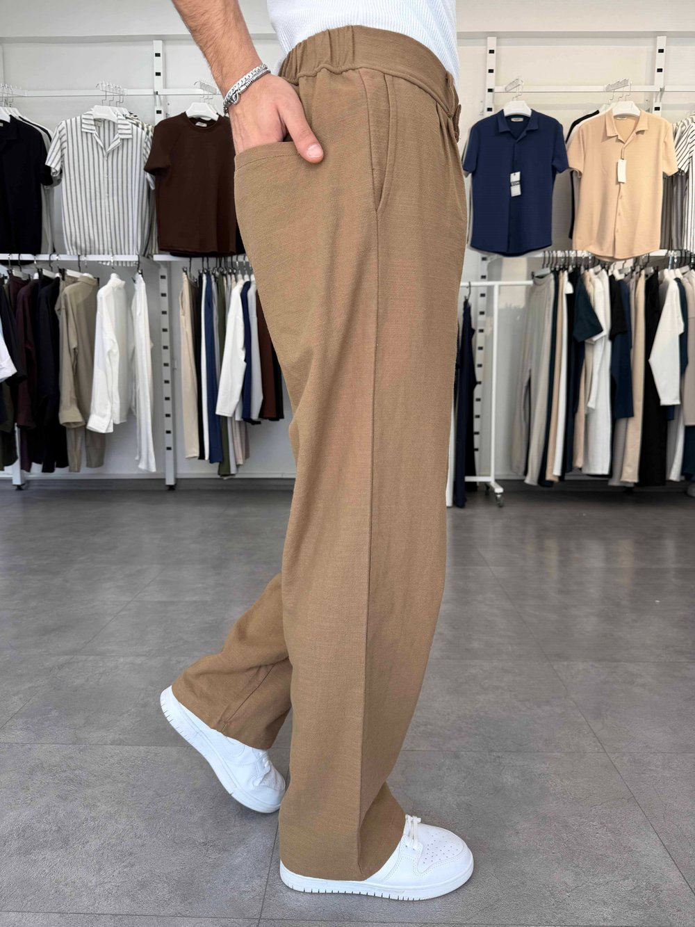 %100 Pamuk Baggy Keten Pantolon (Bel Lastikli) Camel