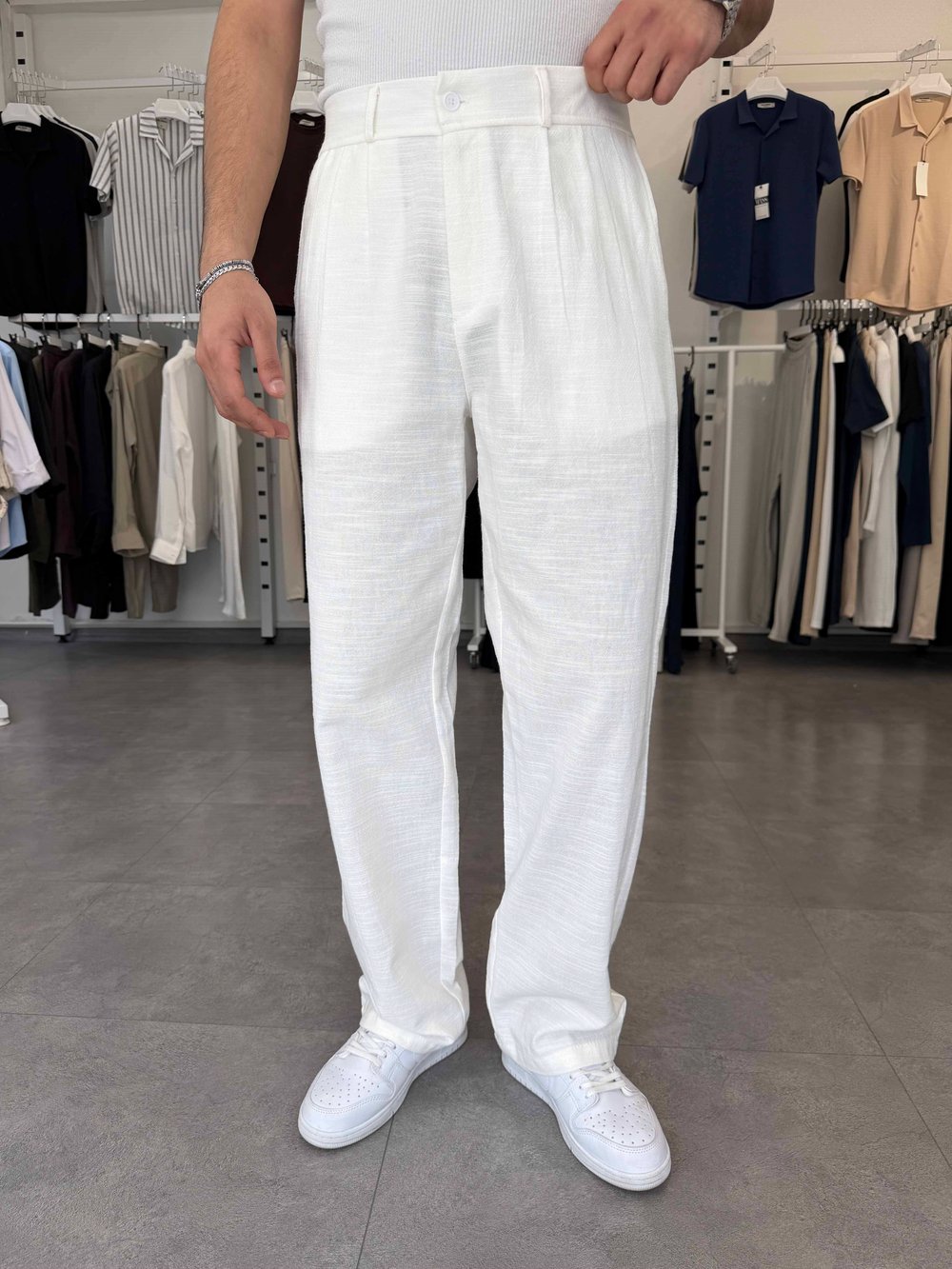 %100 Pamuk Baggy Keten Pantolon (Bel Lastikli) Beyaz