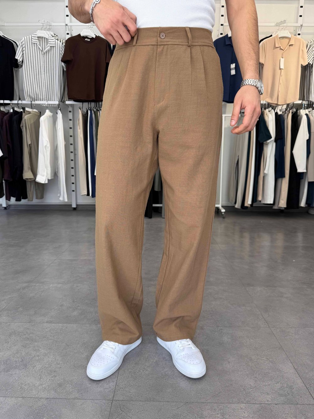 %100 Pamuk Baggy Keten Pantolon (Bel Lastikli) Camel