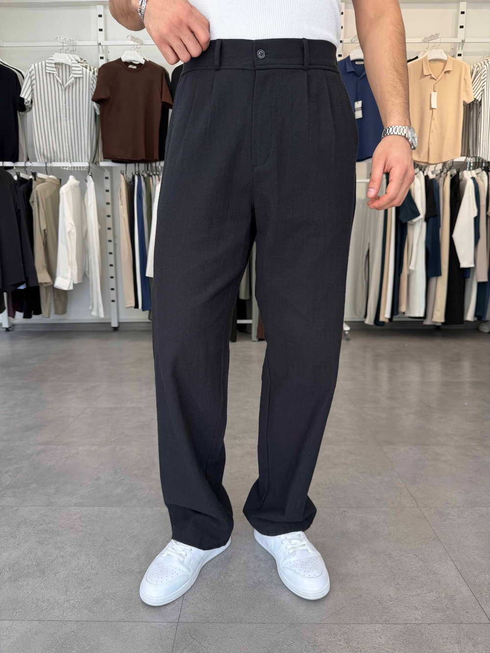 %100 Pamuk Baggy Keten Pantolon (Bel Lastikli) Siyah