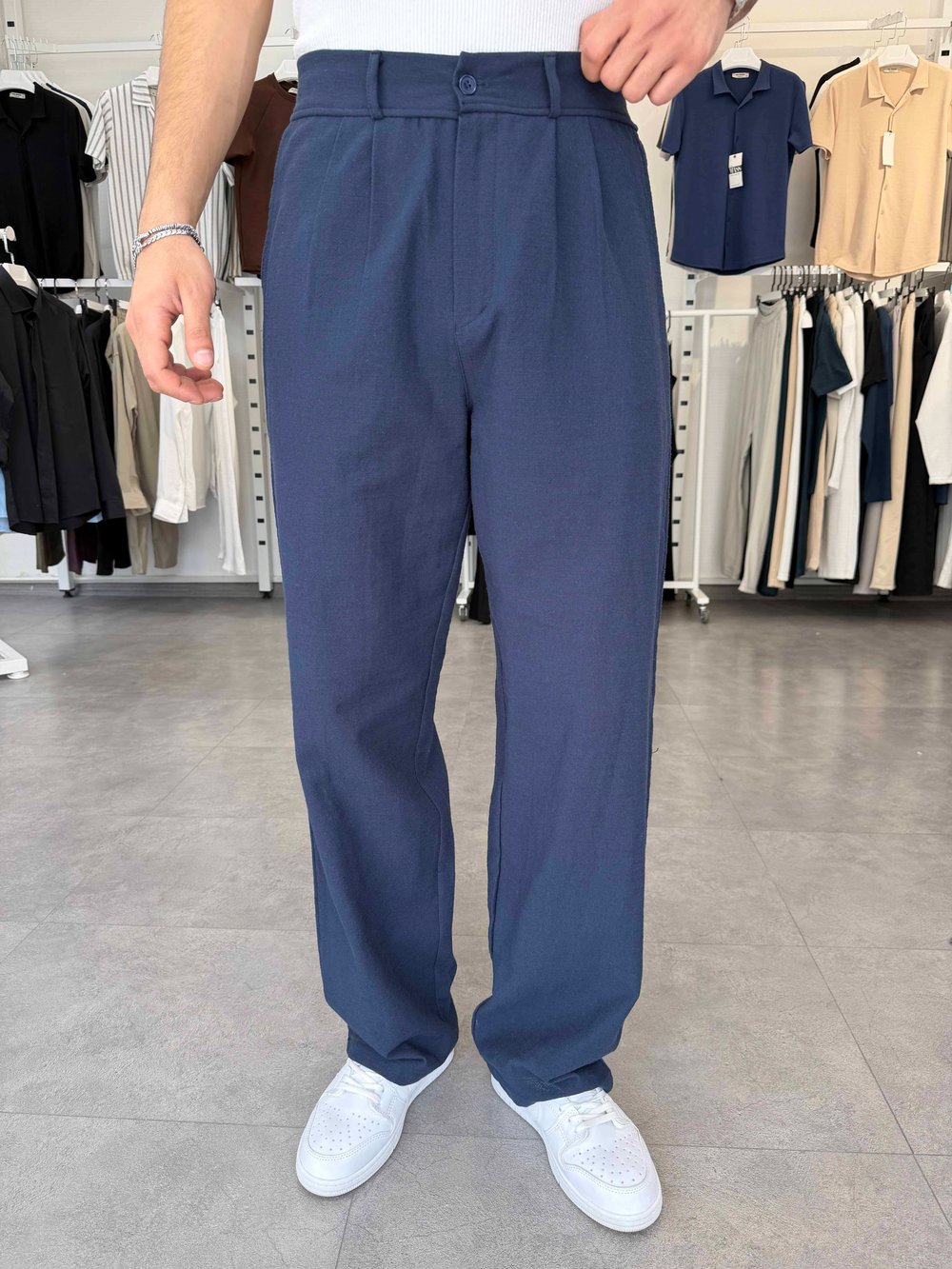 %100 Pamuk Baggy Keten Pantolon (Bel Lastikli) Lacivert