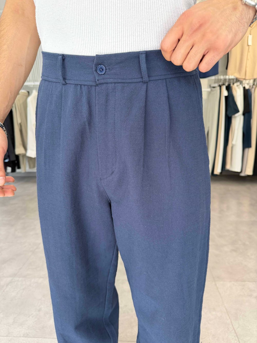 %100 Pamuk Baggy Keten Pantolon (Bel Lastikli) Lacivert