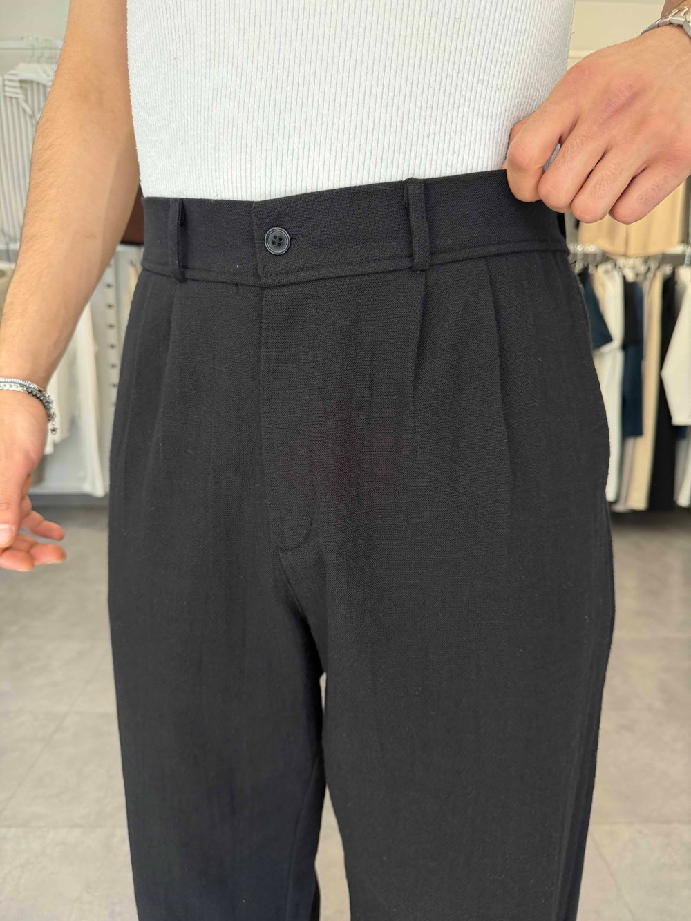 %100 Pamuk Baggy Keten Pantolon (Bel Lastikli) Siyah