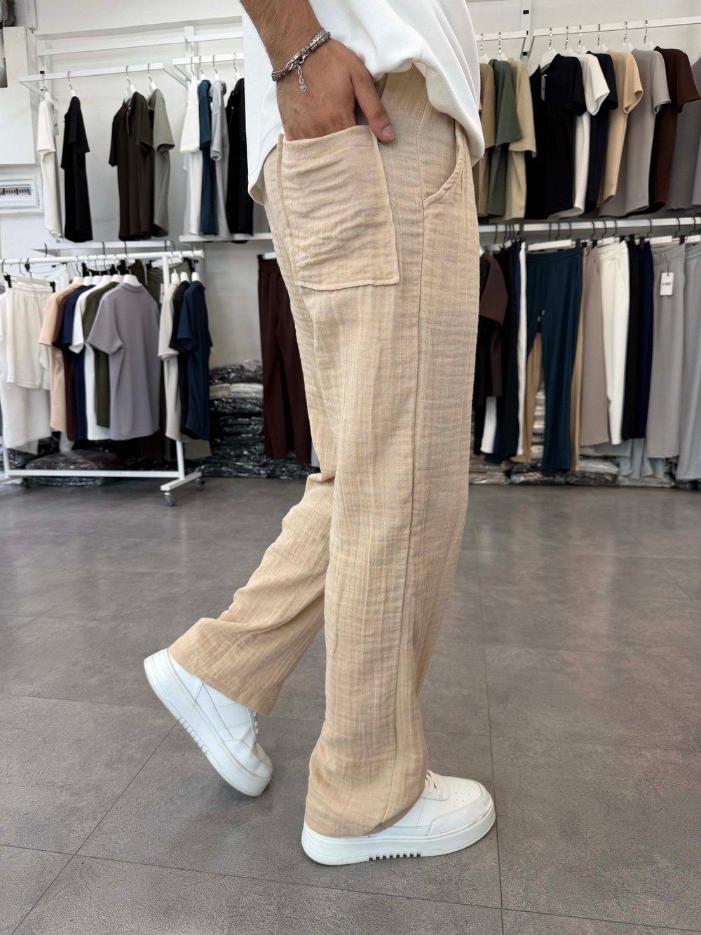 %100 Pamuk Müslin Baggy Pantolon Bej