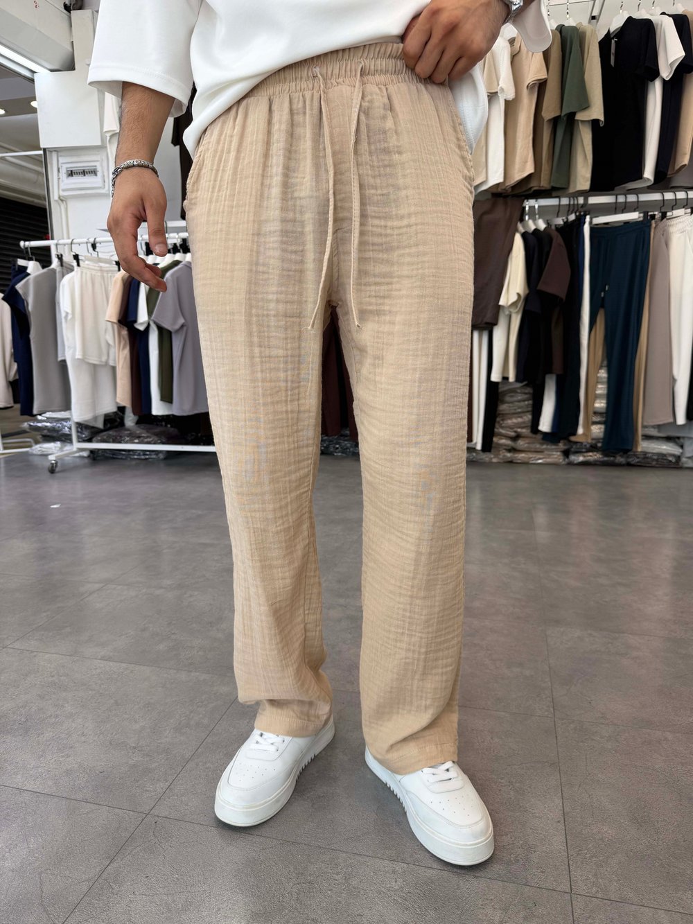 %100 Pamuk Müslin Baggy Pantolon Bej